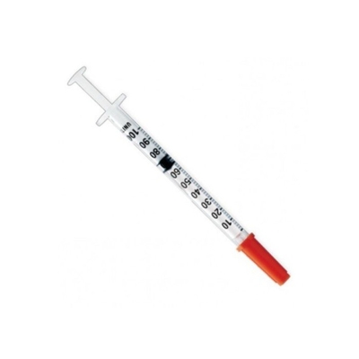 Seringa colorida estéril médica descartável da insulina com tampão e a agulha alaranjados